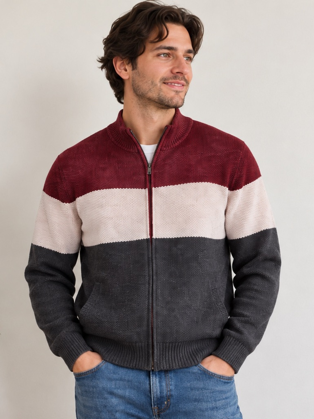 RND Men’s Colorblock Full Zip Knit Sweater Red Gray NWT M